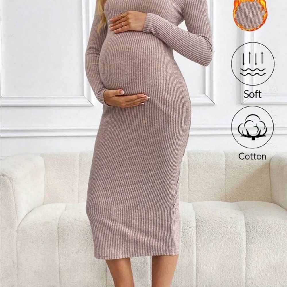 Ribbed Maternity Dress - Soft Beige/Pink